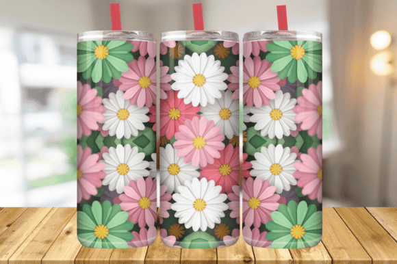 3D Pink Green Flowers Tumbler Wrap