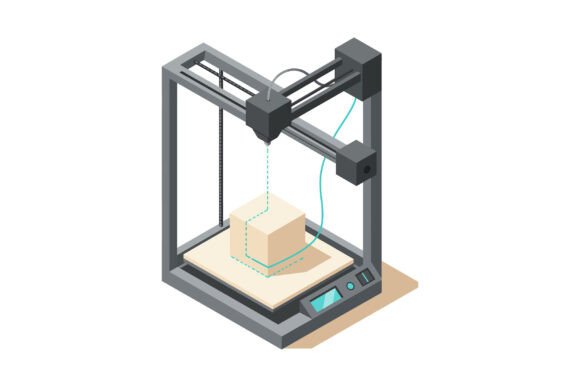 3D Printer with Cube Object Printing in Graphics and Illustrations